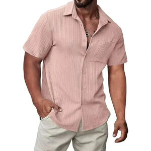 Mens Pink Short Sleeve Button Shirt Casual Solid Color Dress Shirt Golf Shirts